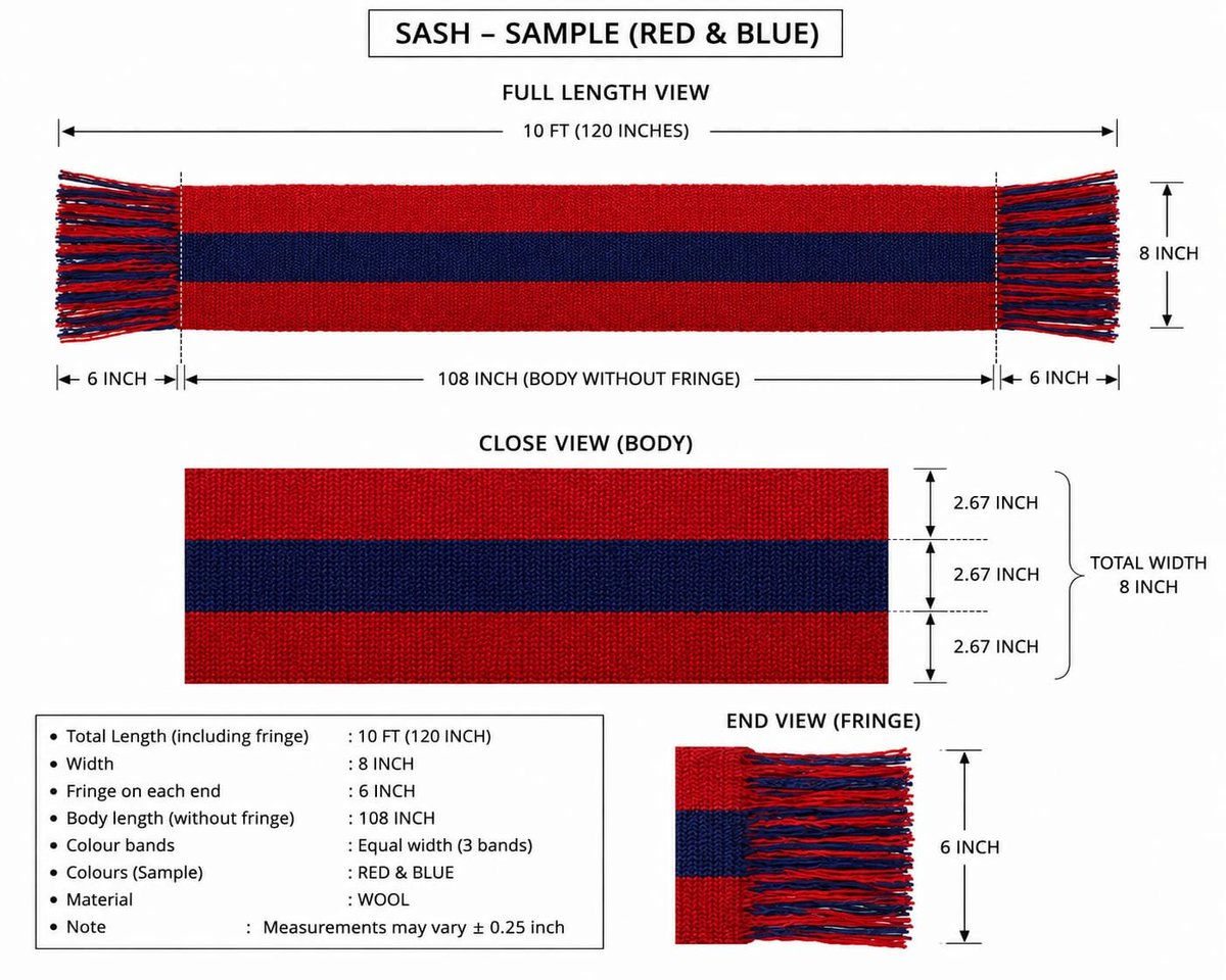 MaanImpex's tweet photo. Precise specifications, custom manufacturing! 
​Detailed spec chart for our custom Red &amp; Blue Woolen Sash. Tailored to exact measurements with 3 equal color bands, premium fringe edges, and high-grade wool material for military, ceremonial, and organizational wear. https://t.co/PltalHIDkw