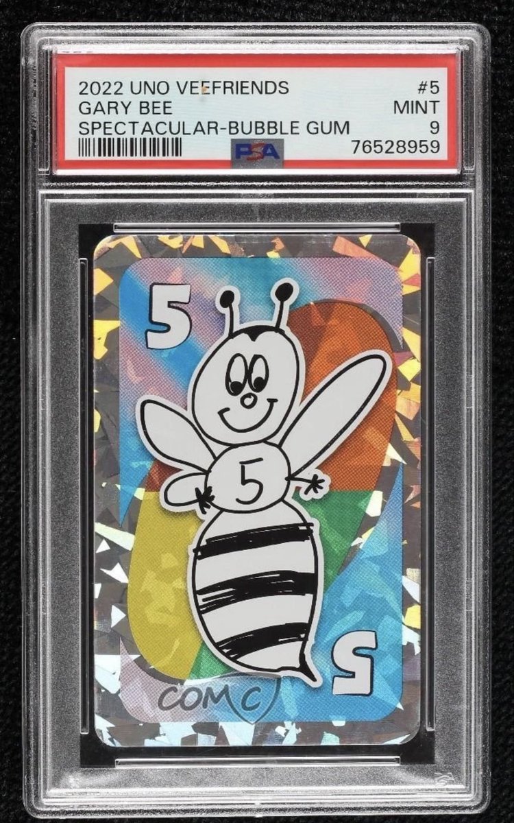 satoshifinds's tweet photo. I think this might be one of the strangest early VeeFriends card mysteries out there. 🐝

VeeFriends x UNO was announced in December 2021 and delivered in early Q2 2022, which is why PSA catalogs the cards as 2022 UNO VeeFriends.

Each deck contained 1 random Spectacular foil, with 17 total Spectacular cards across:

Holo • Diamond • Bubble Gum • Lava • Gold

And VeeFriends’ own original release page specifically said:

“Keep a lookout for the rarest spectacular Holo Gary Bee!”

Now look at PSA’s population report:

Gary Bee Spectacular-Holo — POP 21
Gary Bee Spectacular-Bubble Gum — POP 3
Gary Bee Spectacular-Diamond — POP 2

This PSA 9 is labeled Spectacular-Bubble Gum.

But when you compare it to a PSA labeled Spectacular-Holo, they look extremely similar.

So what is actually going on here?

Is this a legitimately different Bubble Gum Gary Bee that was never clearly documented in the original release?

Is there a foil difference that’s difficult to see in scans?

Or did PSA miscategorize a handful of Gary Bee cards and split them across separate population entries?

I’m not saying only 3 Bubble Gum copies exist. I’m saying PSA currently has 3 graded under that exact designation, while the original VeeFriends material specifically identifies Gary Bee as Holo.

That’s what makes this interesting.

One of the earliest VeeFriends physical card releases.
Mattel x UNO.
The top Gary Bee chase.
And a PSA cataloging question that still doesn’t seem fully explained.

Anyone who opened these when they released, worked on the product, or knows the foil diagnostics — what am I missing?

@VeeFriendsCards @veefriends @PSAcard 👀

#VeeFriends