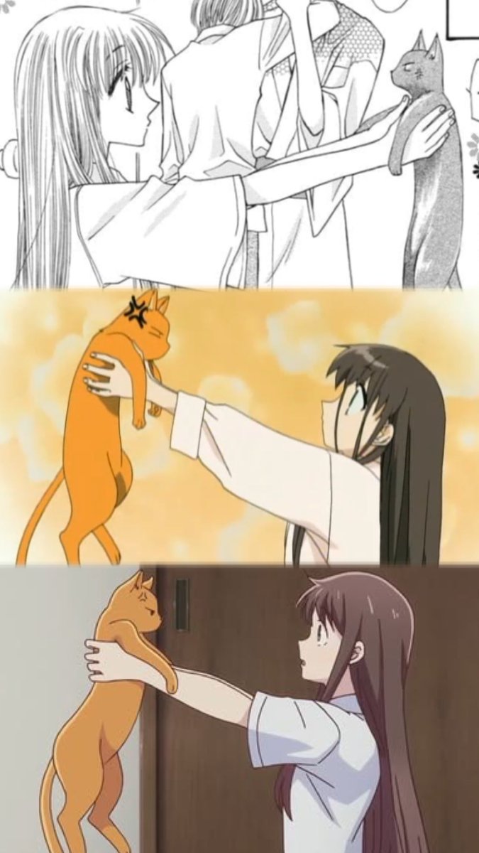 tohruhime's tweet photo. tohru and kyo’s first encounter, in all versions. 
manga, 2001 anime, and 2019 reboot  ✶ ࣪˖࿐ https://t.co/8GDTgr1Cli