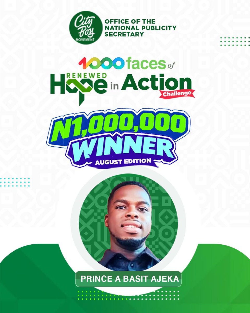 cityboynps's tweet photo. Today, we celebrate @princeabasitajeka from Kogi State, the first winner of the 1000 Faces of #RenewedHopeInAction Challenge August Edition! 🎉🏆

Congratulations on taking home the ₦1,000,000 cash prize! 💰

Thank you for sharing your story and being part of the movement. Your voice matters, and your story is part of the many stories that make up Renewed Hope in Action.

And to everyone watching, get ready! The next 1000 Faces of #RenewedHopeInAction winner could be YOU.

A new winner is selected every month, giving Nigerians the opportunity to share their stories and stand a chance to be rewarded.

Join the movement. Share your story.

#CityBoyMovement #RenewedHope #winner