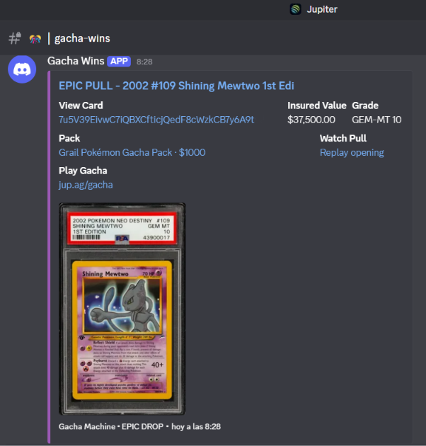 JUPCommunity's tweet photo. 🚨 Was scrolling through the Jupiter Discord when Gacha Wins pinged

Clicked it expecting a nice pull...

Someone had just ripped a 2002 Shining Mewtwo 1st Edition GEM-MT 10 from a $1,000 pack

37.5x or +3,650% on the pull 🔥 Yeah… that one stopped the scroll

Bring your pulls to TCG Den, learn, share, and chop it up with other collectors 👇
 
https://t.co/Lpv7LdXEaA