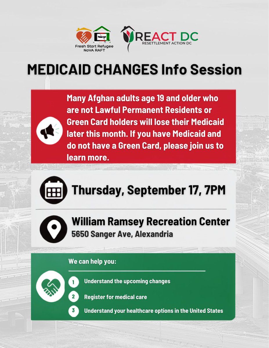 reactdcorg's tweet photo. 🚨 Medicaid Alert: Community members age 19+ who have Medicaid and do not have a Green Card will lose coverage Sept. 30. Join us Thursday at 7 PM at William Ramsay Recreation Center for information and help accessing medical care. Please share! https://t.co/wiO7WnIbG5