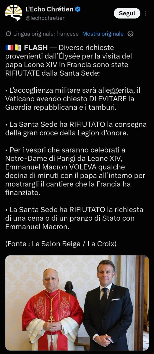 CesareSacchetti's tweet photo. Doccia fredda per Emmanuel Macron da parte di Papa Leone XIV. Leone ha rifiutato sia la concessione della Legion d'Onore sia la richiesta di Macron di avere un pranzo privato con lui. Emmanuel Macron voleva servirsi del Papa per mettere in scena il suo spot politico. Le sue richieste sono state respinte al mittente.