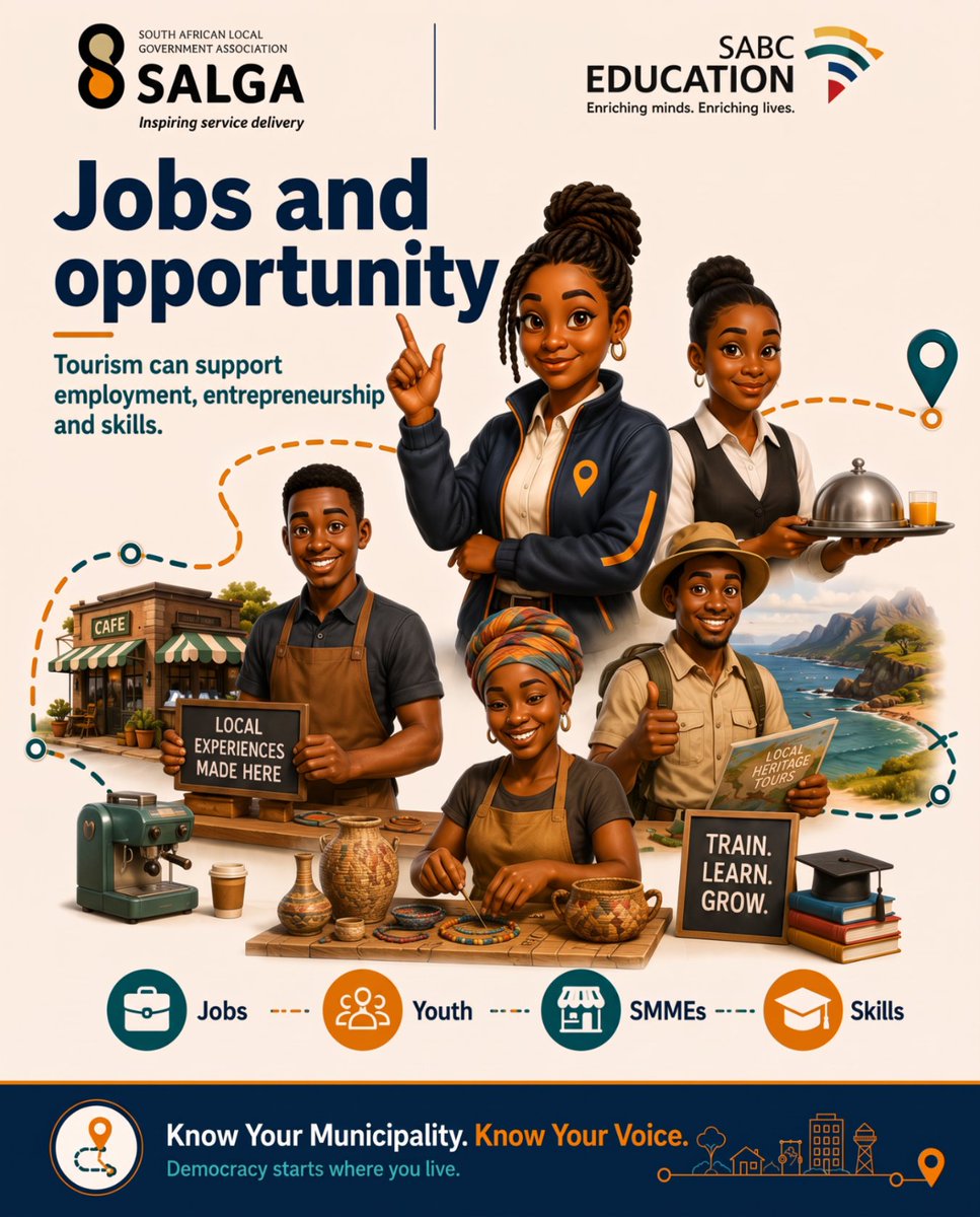 SABCEducation's tweet photo. Tourism has a bigger impact when visitor spending stays local. Supporting local businesses helps create jobs and strengthen communities.
Know Your Municipality. Know Your Voice.
๐ Swipe. Save. Share.
๐ https://t.co/6U16SibMrf
#SABCEducation #Kasi2Kasi https://t.co/X1AK5hZvmI