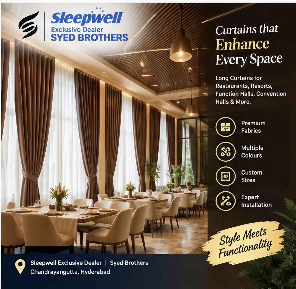 sdcreationhf's tweet photo. Custom Long Curtain Solutions for hotels &amp; Event...
Large commercial spaces need curtain solutions that combine appearance
Free measurement &amp; estimate.
📍 Hyderabad
Sleepwell Exclusive Dealer – Syed Brothers
#HospitalityInteriors #CurtainSolutions  #ConventionHalls #FunctionHalls https://t.co/Y9qa96MMBK