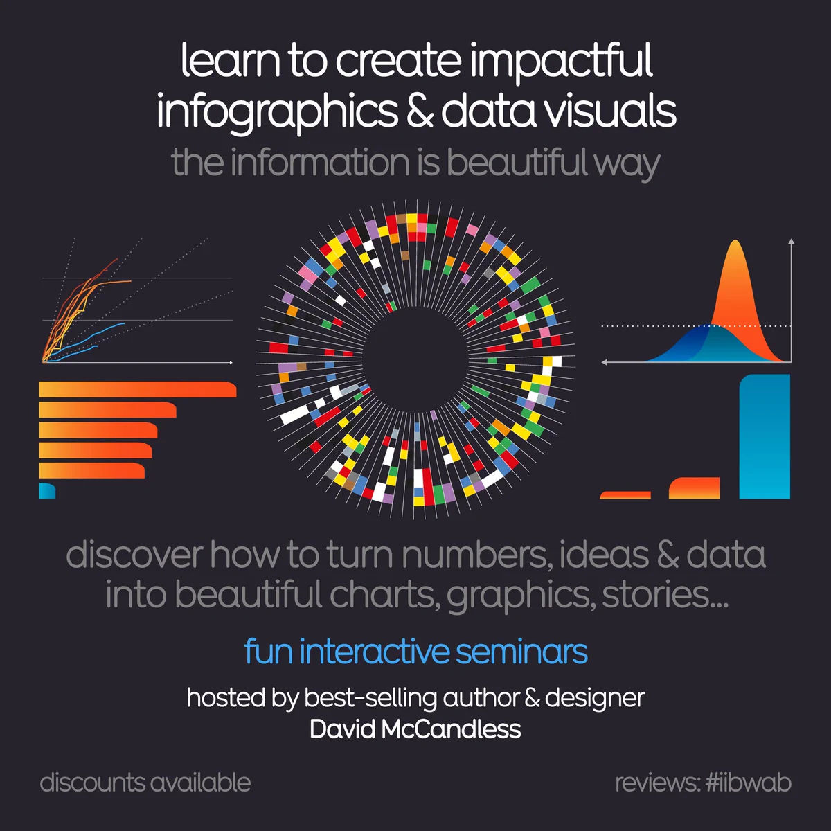 An infographic flyer advertising an online seminar for learning how to create impactful infographics and data visuals with best-selling author and data-visualisation practitioner David McCandless of Information is Beautiful. Discounts are available.