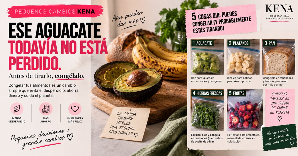 KENArevista's tweet photo. #KenaRevista| Ese aguacate todavía tiene vida. Antes de tirarlo, congélalo y evita desperdiciar comida. 🥑
#PequeñosCambiosKENA #CeroDesperdicio #VidaSostenible #TipsKENA https://t.co/V8zW2cFeNx