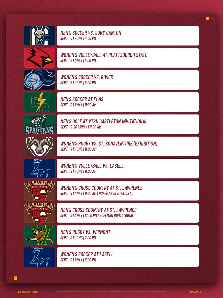 NorwichCadets's tweet photo. βοΈ πππ ππππ πππππ
Another busy week for the Cadets!
β½: Four soccer matches
π: Two volleyball matches
β³: VTSU Castleton Invitational
π: Hoffman Invitational
π: Two home rugby matches
βοΈ: 11 events across four days
#RollWick https://t.co/fVK4l88GC4