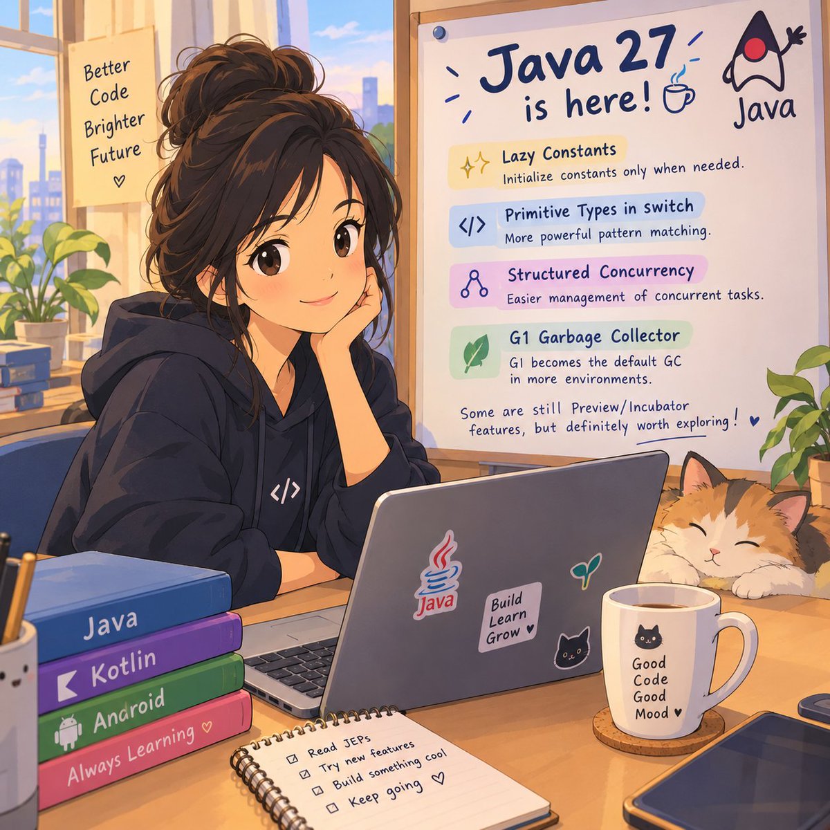 Vrushali0988's tweet photo. ☕ Java 27 is here! 🚀
Some interesting updates:
🔹 Lazy Constants
🔹 Primitive Types in switch
🔹 Structured Concurrency
🔹 G1 Garbage Collector
Some are still Preview/Incubator features, but definitely worth exploring! 👀
https://t.co/IXbplGTN0T
#Java27 #JDK27 #OpenJDK #Java https://t.co/5Fjylgi6Jl