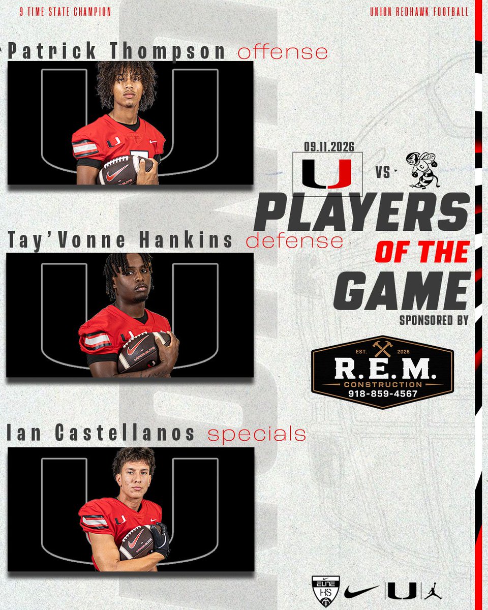 UnionFootball's tweet photo. Congratulations to our R.E.M. Construction players of the game vs Choctaw. https://t.co/Q5fK5ebXfQ