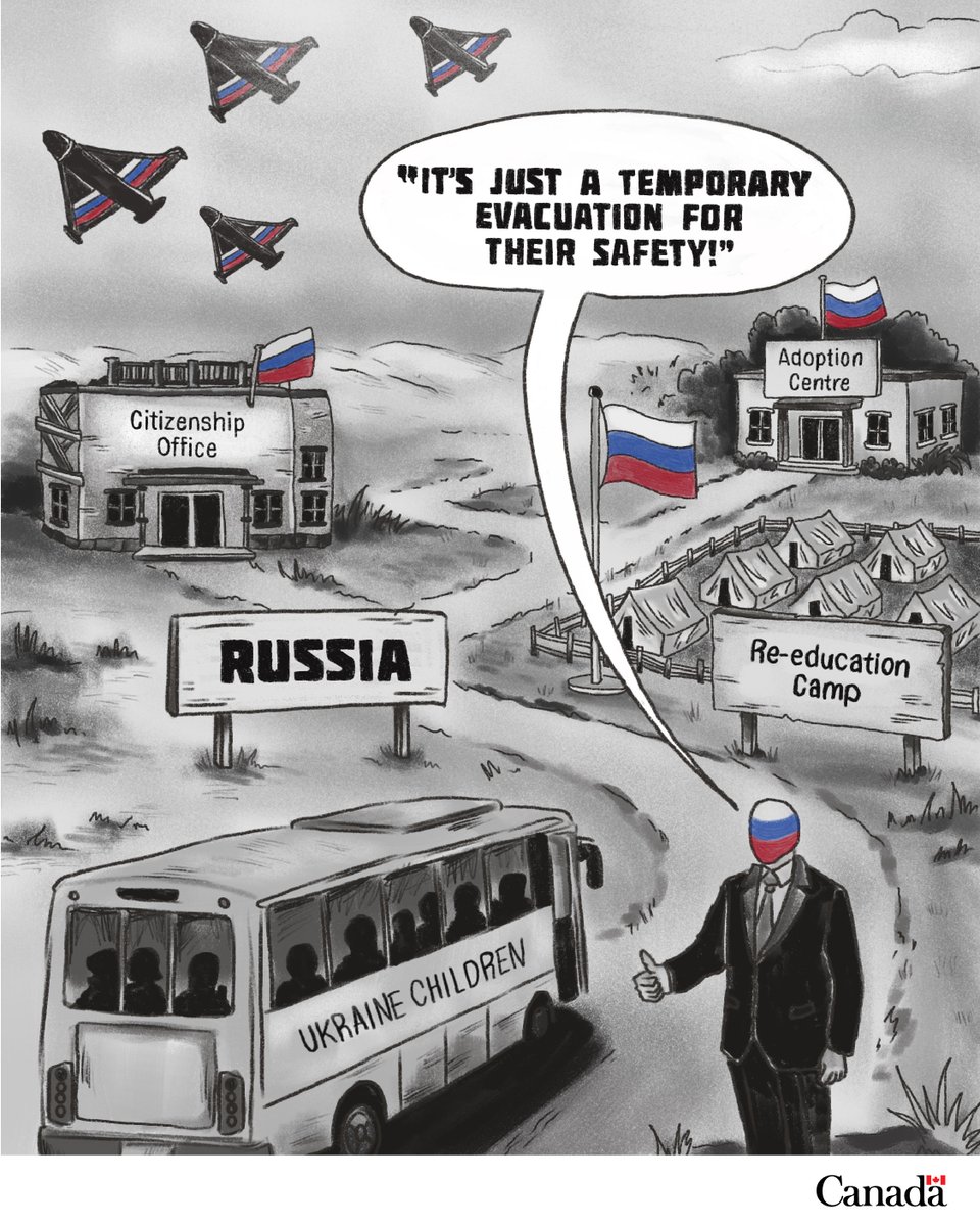 CanadaFP's tweet photo. Russia calls it a “temporary evacuation” of Ukrainian children for their safety. 

Also Russia: 
–Sends Ukrainian children to re-education camps
-Imposes Russian citizenship
-Facilitates illegal adoptions 

This is not temporary. It is unlawful. 

#BringKidsBack https://t.co/pawRgSdWKP