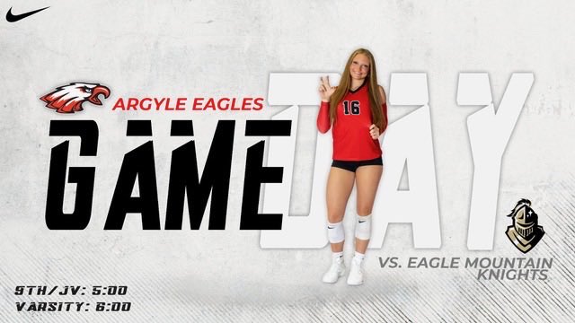 argyleeaglevb's tweet photo. A District Matchup YOU Wonβt Want to Miss! π₯
π Eagle Mountain
π September 15
β° 9A/JV 5:00 | Varsity 6:00
π Eagle Mountain HS
π Be THERE & Be LOUD
π https://t.co/zAUKwWVgVu
πΊ https://t.co/5rVw56FFkE
π» https://t.co/1PVzmfO1n1
#ONE26β€οΈ https://t.co/Uxxu0dJcGp