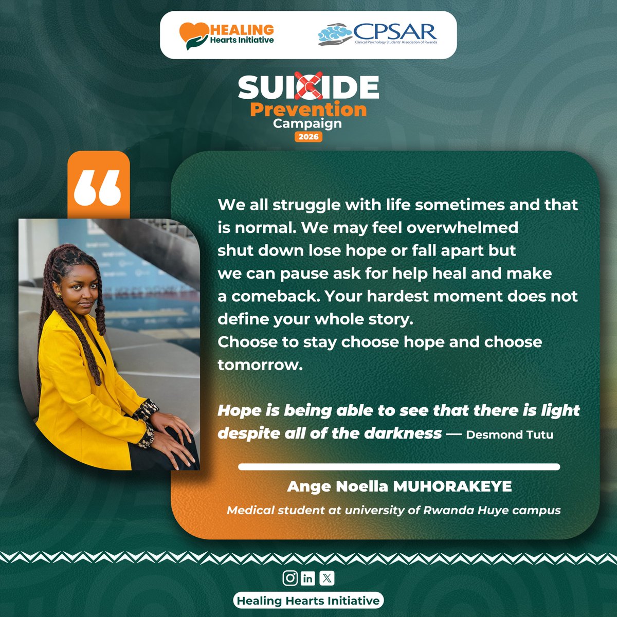 cpsarwanda's tweet photo. We keep changing the narrative💙 on suicide🚫

@WHORwanda @AfricaCDC @UNICEF @WHOAFRO @GrassrootsSP @Rw_Psychology @cpsarwanda
@Uganda_CPAU @authorwarmth @AmbEinatWeiss @IsraelinRwanda #ChangingTheNarrativeOnSuicide #StartTheConversation #SuicidePreventionCampaign2026 #HHI #CPSAR https://t.co/epo3nYqzKQ
