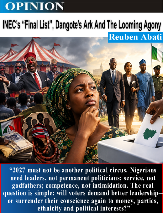 R_abati1990's tweet photo. [OPINION] @inecnigeria  “Final List”, Dangote’s Ark And The Looming Agony — Reuben Abati

Nigeria is not short of politicians. Nigeria is short of leaders. And 2027 may prove it once again.

Thousands of politicians are already positioning themselves for a share of political https://t.co/vIBhsxwCoQ
