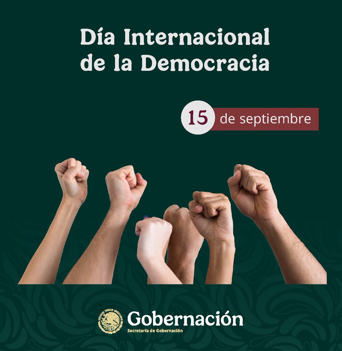 EFEMERIDESMX's tweet photo. En el Día Internacional de la Democracia reflexionamos sobre la importancia de la plena participación de todas y todos y reafirmando nuestro compromiso con la transparencia, la inclusión y el diálogo. #Efemérides. @RocioBarcenaM https://t.co/UrkuVoSvrS