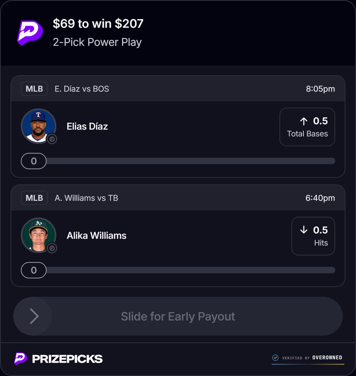 69aday69oneday's tweet photo. SPONSORED BY @OverOwnedDFS 

$69 TO WIN $207 | DÍAZ FOR A BASE, WILLIAMS TO STAY QUIET.

#PrizePicks #MLB #Baseball #PlayerProps #SportsBetting https://t.co/zdCXHkC2ox