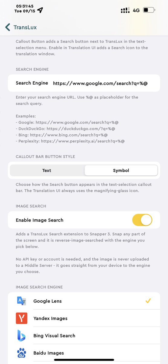 AnubisTweaks's tweet photo. [Update] Translux v1.4 is coming soon. 
- Adds a new image search plugin. 
- Includes 4 image search engines Google, Yandex, Bing,Baidu. 
Compatible with Roothide and other jailbreaks. 
For iOS 15-17. https://t.co/rjdYIoefBR