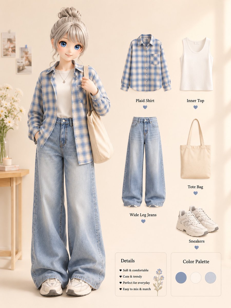bluparry1988's tweet photo. Campus days call for comfy outfits and confident vibes. A blue plaid oversized shirt, white inner top, wide-leg jeans, canvas tote, and sneakers create an effortless look for classes, coffee breaks, and everything in between. https://t.co/t9gNbOyI32