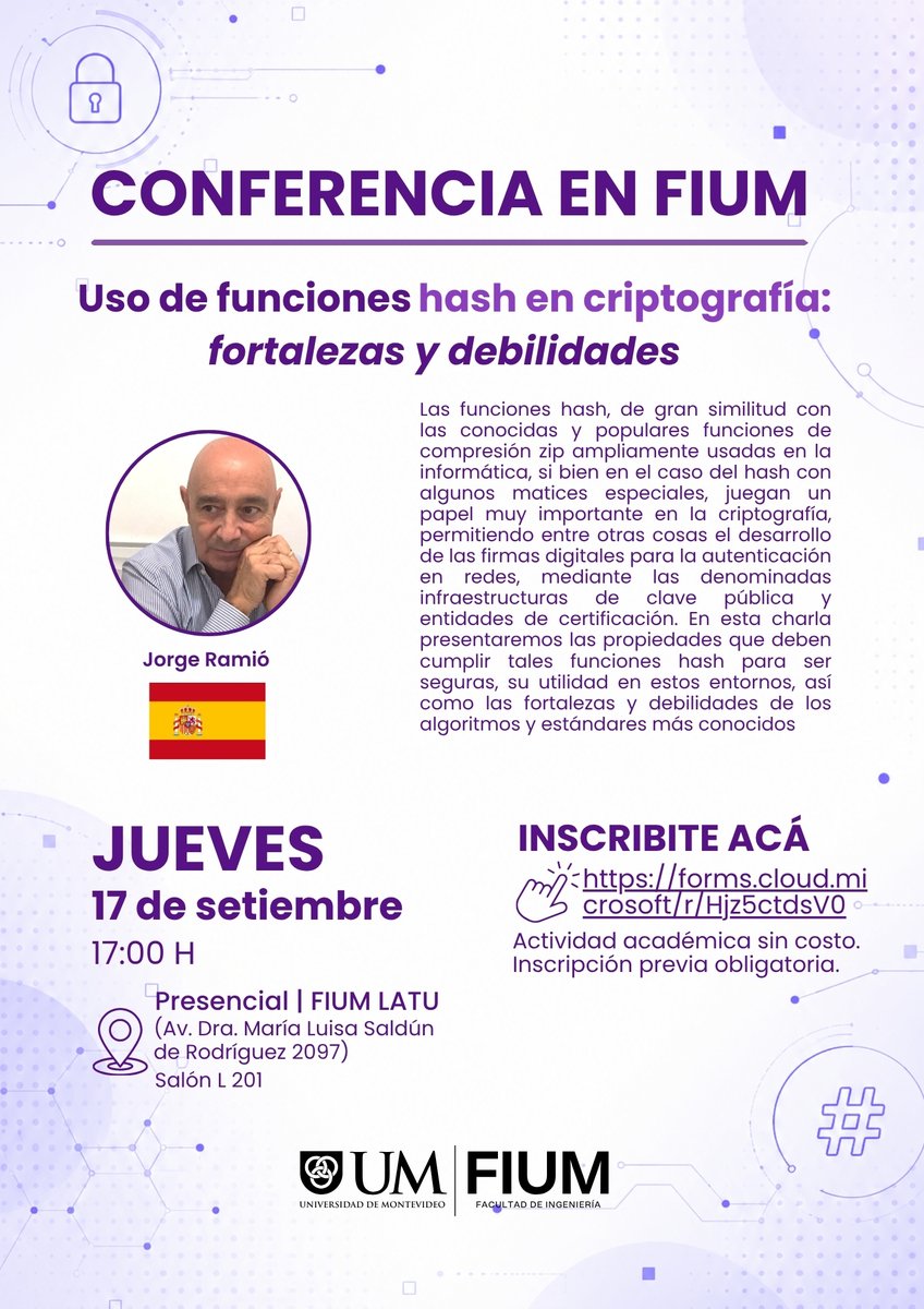 ingenieria_UM's tweet photo. Gran parte de nuestra vida digital depende de mecanismos que nunca vemos. 🔐

Recibimos a Jorge Ramió 🇪🇸 para descubrir cómo la criptografía permite proteger y verificar nuestra información.

No te la pierdas: https://t.co/9D9yo5qDxr

#IRaMÁS #Ciberseguridad #FIUM https://t.co/8wcJsOgm0n