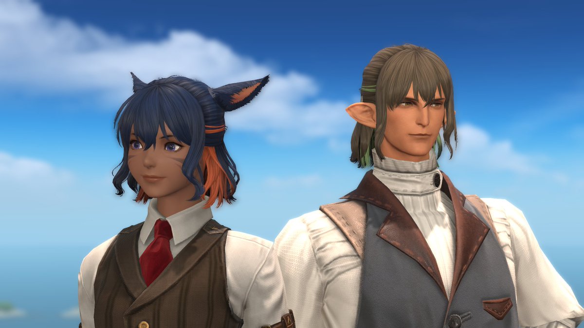 Ein Final Fantasy 14-Screenshot, auf dem zwei Charaktere mit der neuen Frisur „Lockere Duttlocken“ zu sehen sind. Ihre kinnlangen Haare sind zu einem Dutt zurückgebunden, während der Pony ihre Stirn bedeckt und einige längere Strähnen lockig das Gesicht umrahmen.