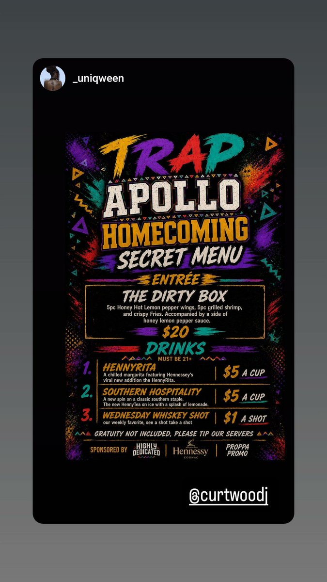 CURTWOODJ's tweet photo. It's HOMECOMING!! 
#TrapApolloHomecoming is giving back to our supporters.  CASH PRIZE for Best karaoke performance,  RAFFLES, and a new SECRET MENU featuring signature  @Hennessy drinks. #highlydedicated #SoFyeEnt #proppapromo #EuphoriaDaytona #BCUhomecoming https://t.co/u8yfxj9sV4