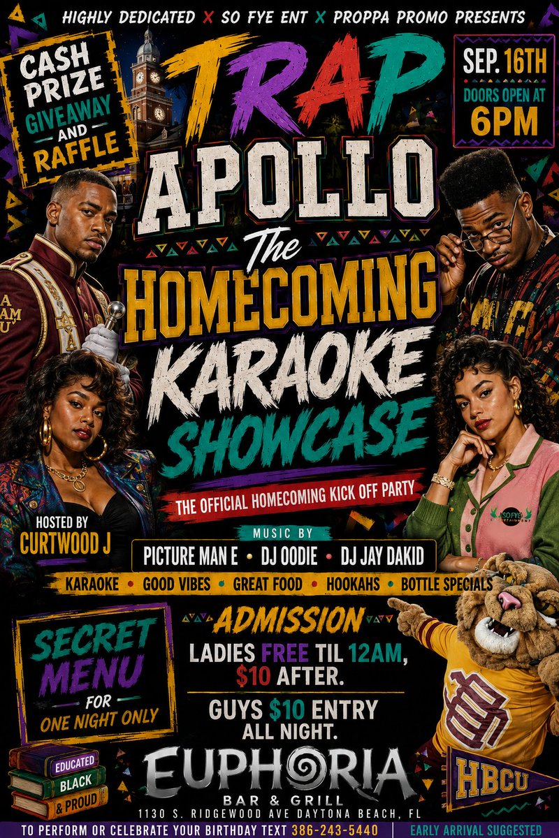 CURTWOODJ's tweet photo. It's HOMECOMING!! 
#TrapApolloHomecoming is giving back to our supporters.  CASH PRIZE for Best karaoke performance,  RAFFLES, and a new SECRET MENU featuring signature  @Hennessy drinks. #highlydedicated #SoFyeEnt #proppapromo #EuphoriaDaytona #BCUhomecoming https://t.co/u8yfxj9sV4