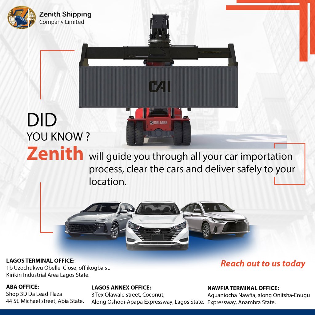 ZenithBonded's tweet photo. Hassle-Free Car Clearing &amp; Safe Delivery!

Imported a car into Nigeria? Let Zenith Shipping Bonded Terminal handle the process for you.

✅ Fast &amp; reliable car clearing
✅ Professional documentation &amp; customs processing
✅ Secure handling of your vehicle
✅ Safe delivery directly https://t.co/mF37P8hy0z