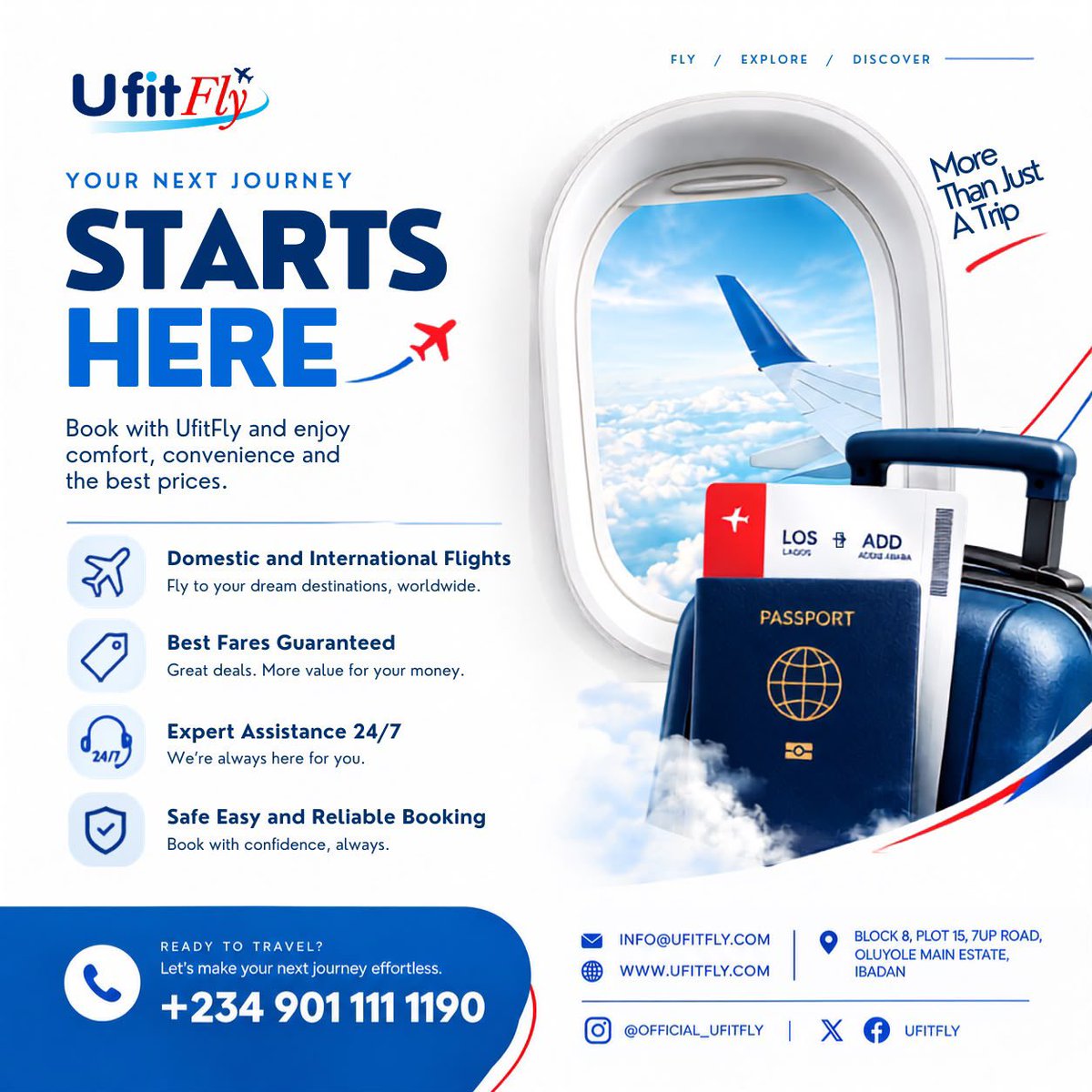 ufitfly's tweet photo. Ready for your next adventure? UfitFly makes travel effortless, comfortable, and affordable—because every trip should be more than just a journey. 🌍✈️

Whether you are planning a getaway across the globe or flying locally, we’ve got you covered.

Don't just travel—experience seamless service every step of the way.

#UfitFly #TravelWithEase #FlightDeals #TravelNigeria #DomesticFlights #InternationalTravel