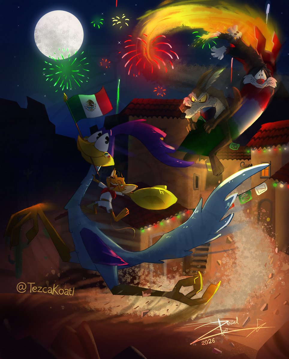 TezcaKoatl's tweet photo. VIVA MÉXICO!🇲🇽🎆🐺🐦🐭🐈‍⬛🎇💖 [ #CoyoteVsACME ] 

#Fanart #LooneyTunes #WilieECoyote  #VivaMéxico #RoadRunner  #SpeedyGonzales #Sylvester #Art https://t.co/qM7jBIoxsD