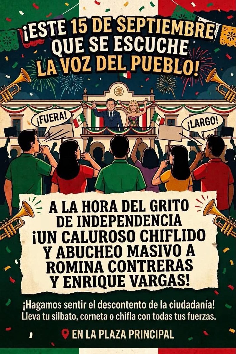 Huitzquillocan2's tweet photo. Ciudadanos de Huixquilucan convocan a abucheo masivo contra Enrique Vargas del Villar y Romina Contreras durante el Grito de Independencia en la explanada municipal de Huixquilucan este 15 de septiembre. https://t.co/5dJtj5CMQV