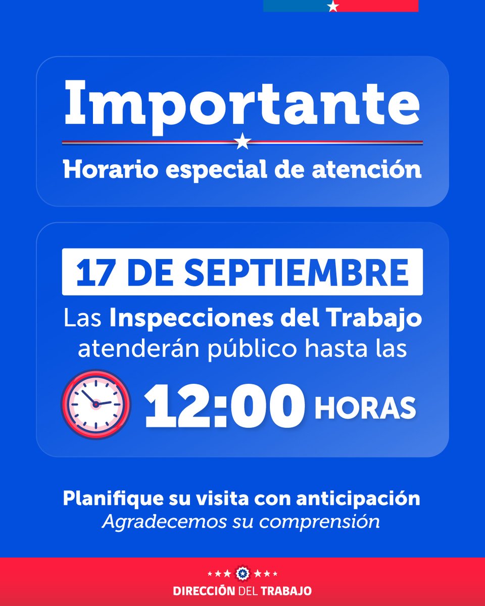 drtmetrooriente's tweet photo. 🚨Estimados usuarios y usuarias: les recordamos que el próximo jueves 17/09 todas las Inspecciones del Trabajo atenderán público hasta las 12 horas.
Planifique su visita con anticipación. https://t.co/6gpWVuWfS0