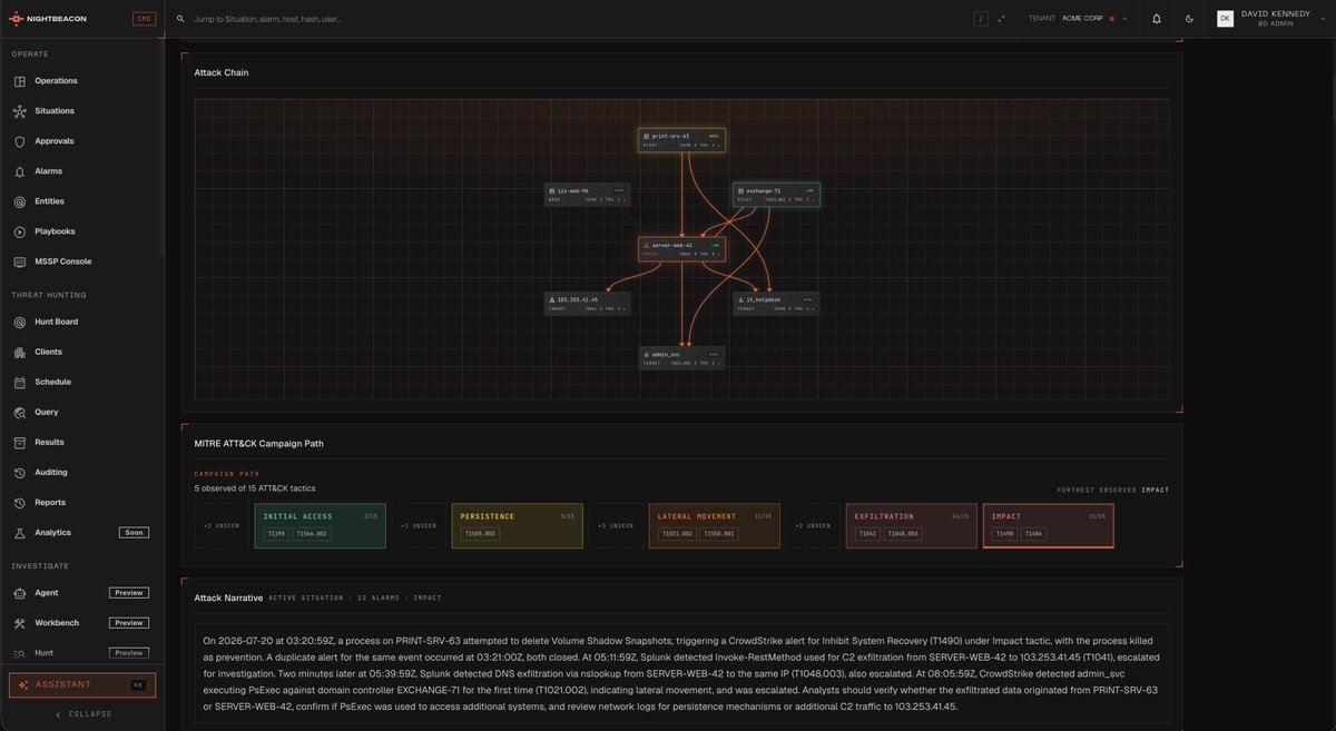 HackingDave's tweet photo. NightBeacon CMD automatically fills in missing gaps of alarm evidence, hunts automatically, brings full timeline, attack chain to initial access - all within seconds. Something that took multiple hours now taking seconds. So cool to see this all work in action.
#BinaryDefense https://t.co/HznEduNalu