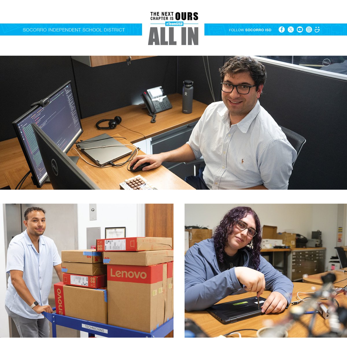 SocorroISD's tweet photo. 💻 Happy National IT Professionals Day!

Behind every connected classroom, secure system, digital platform, and technology-powered learning experience is an IT professional making it happen.

Our #TeamSISD IT team keeps us connected, secure, supported, and moving forward — powering infrastructure, protecting data, supporting digital learning, and turning technology into solutions that empower educators and students. Your expertise keeps us connected. Your innovation keeps us moving. And your dedication keeps technology working for every student, every classroom, every day.

Thank you for being the technology behind the mission. 🚀💻