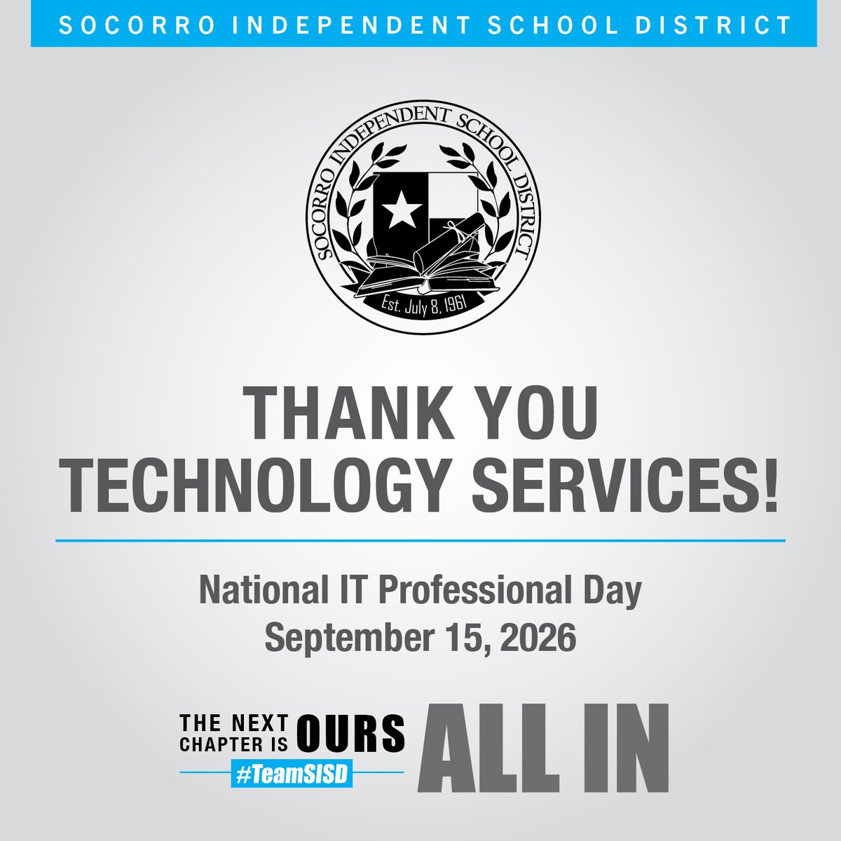 SocorroISD's tweet photo. 💻 Happy National IT Professionals Day!

Behind every connected classroom, secure system, digital platform, and technology-powered learning experience is an IT professional making it happen.

Our #TeamSISD IT team keeps us connected, secure, supported, and moving forward — powering infrastructure, protecting data, supporting digital learning, and turning technology into solutions that empower educators and students. Your expertise keeps us connected. Your innovation keeps us moving. And your dedication keeps technology working for every student, every classroom, every day.

Thank you for being the technology behind the mission. 🚀💻