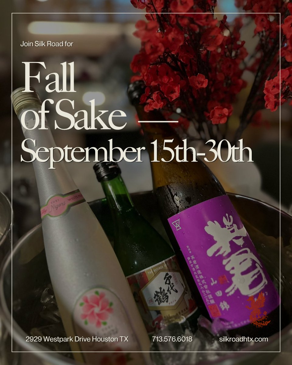 SilkRoadHTX's tweet photo. Celebrate Japanese craftsmanship at Silk Road now through Sept 30 with our Fall of Sake flight! Enjoy three 3 oz pours paired with dim sum for $28.

#SilkRoadHTX #HoustonEats #HoustonDimSum #SakeFlight #JapaneseSake https://t.co/yFHCBjNqQr