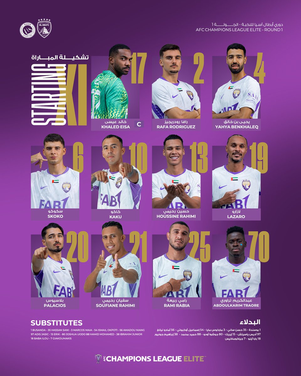 alainfcae's tweet photo. تشكيلة الزعيم في مباراة اليوم 🟣📋

#العين_النصر | #دوري_أبطال_آسيا_للنخبة https://t.co/YJQxgwIQ5t