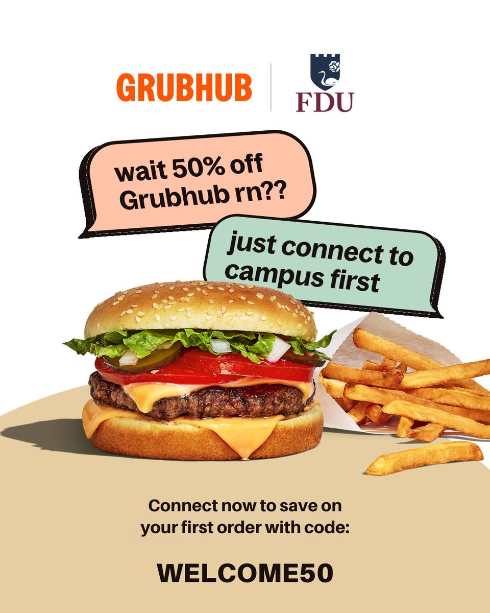 FDUWhatsNew's tweet photo. FDU students get Grubhub+ Student for free. Yeah, free. Enjoy the benefits of GH+ Student from now until graduation day! 😋

Connect now to save on your first order with code: WELCOME50. Available through 9/30.

Learn more here: https://t.co/fb5yaCMjSn https://t.co/LlAZleDu0v