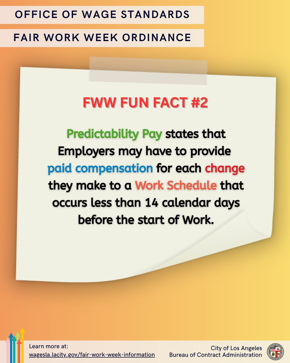 WageStandardsLA's tweet photo. If you work in retail and your work schedule changes without enough advance notice, you may be entitled to #PredictabilityPay.
Find out more at https://t.co/fZkrwoshia #FairWorkWeek #fww #losangeles #retailworkers #predictabilitypay #retail #knowyourrights #cityofla https://t.co/4O91IrAdBr
