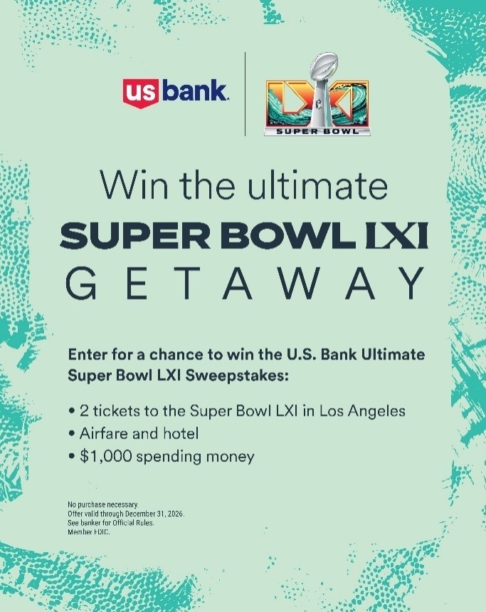 usbank's tweet photo. The ultimate Super Bowl LXI Getaway is up for grabs.

Visit any U.S. Bank branch from Sept. 8 through Dec. 31, 2026, scan the code and enter. One winner scores two game tickets, round-trip airfare, hotel accommodations and $1,000 in spending money for the big weekend in Los Angeles.

NO PURCHASE NECESSARY. Open 9/8/26-12/31/26 to legal US residents, 18+. See Official Rules for details: https://t.co/PgFT11TRtl
https://t.co/piLYqgbQH5
The NFL Entities shall have no liability or responsibility for any claim arising in connection with participation in this Sweepstakes or any prize awarded.  The NFL Entities have not offered or sponsored this sweepstakes in any way.