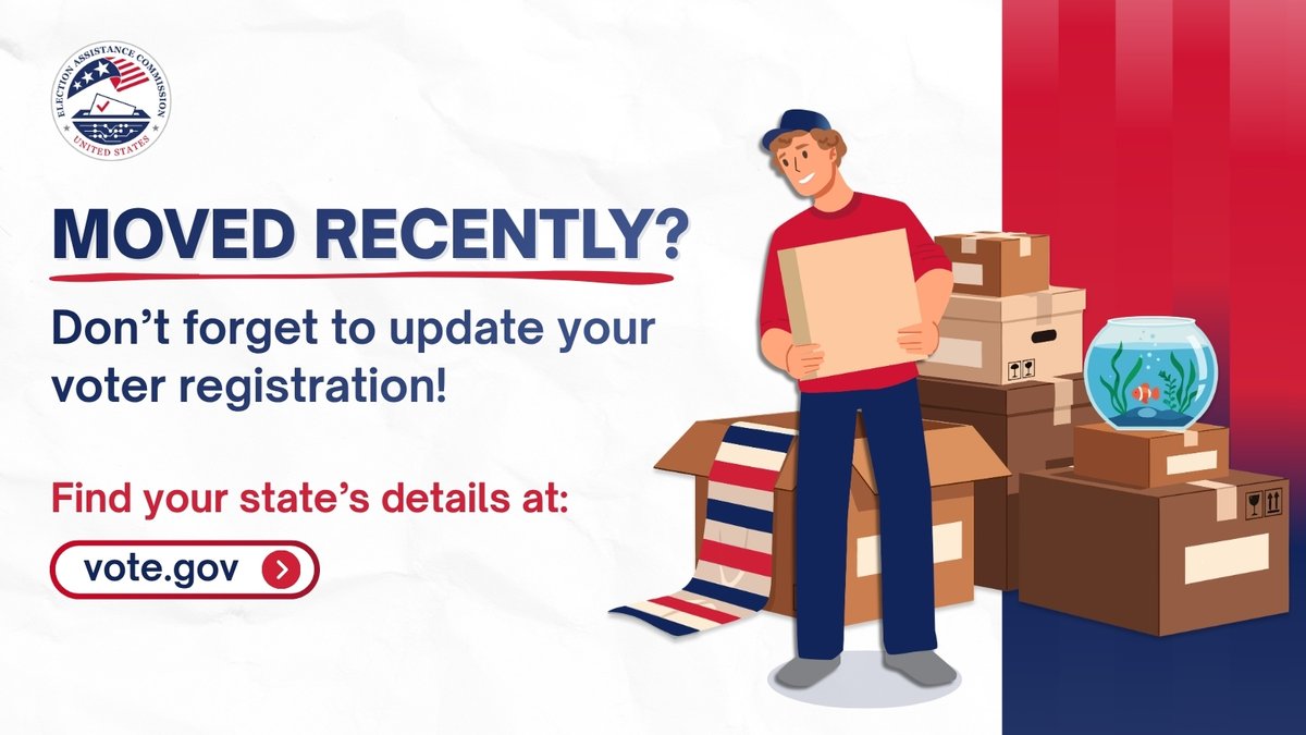 A white background fills the frame. To the right of the frame is a blue and red streak pattern. In front of a stack of brown boxes with a fish bowl is an illustrated man smiling in a hat and red shirt holding a box. To the left is a circular EAC logo. Below is bold blue and red text.