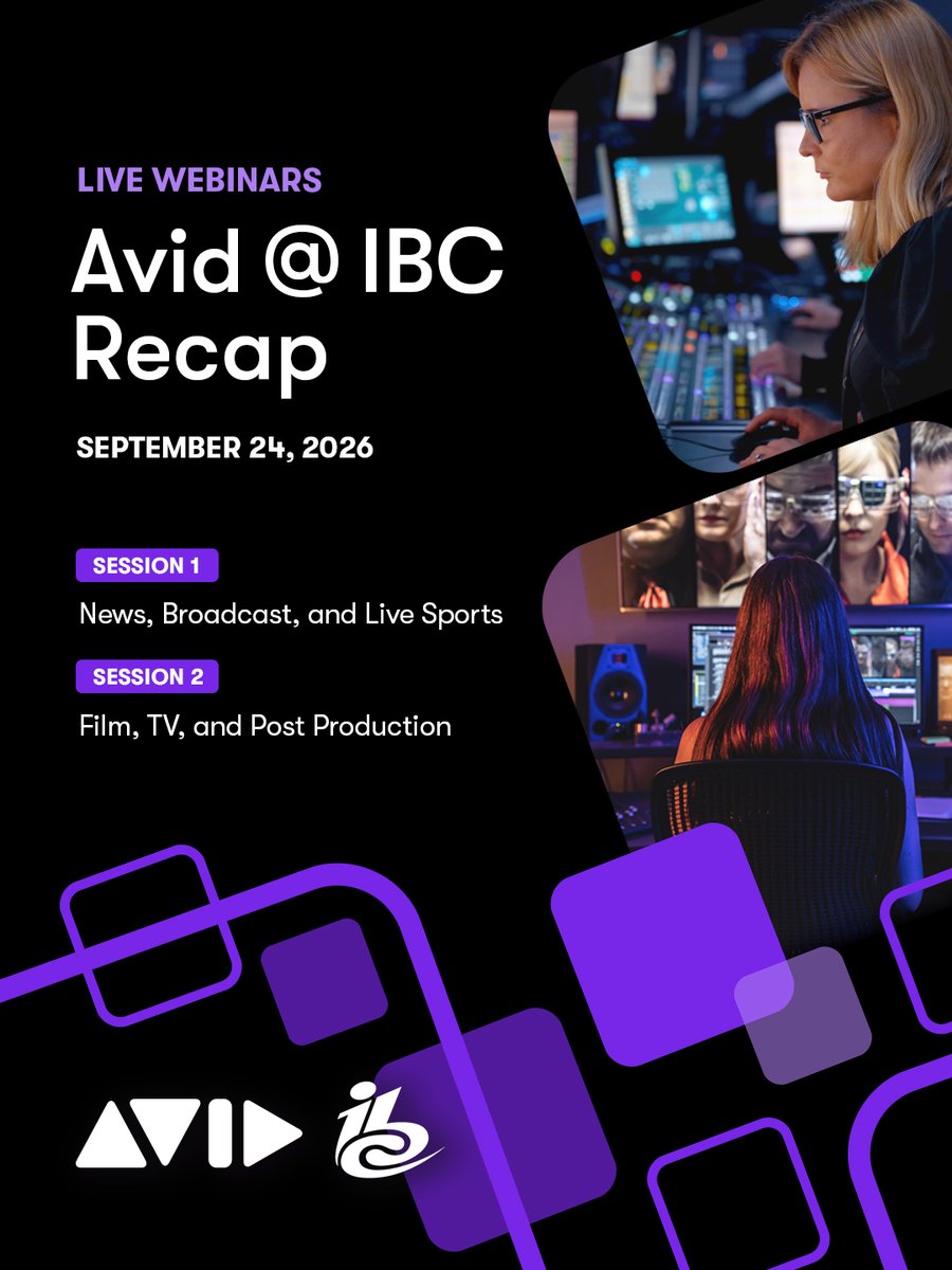 Avid's tweet photo. Missed IBC2026? Get the most important highlights for your business in our live webinar on media intelligence.
REGISTER NOW ▶️ https://t.co/n1BOiFOu1T
#webinar #avid #ibc2026 #ibcshow #newsproduction #postproduction #technology #avidcontentcore #broadcast https://t.co/9NmBW84HOL