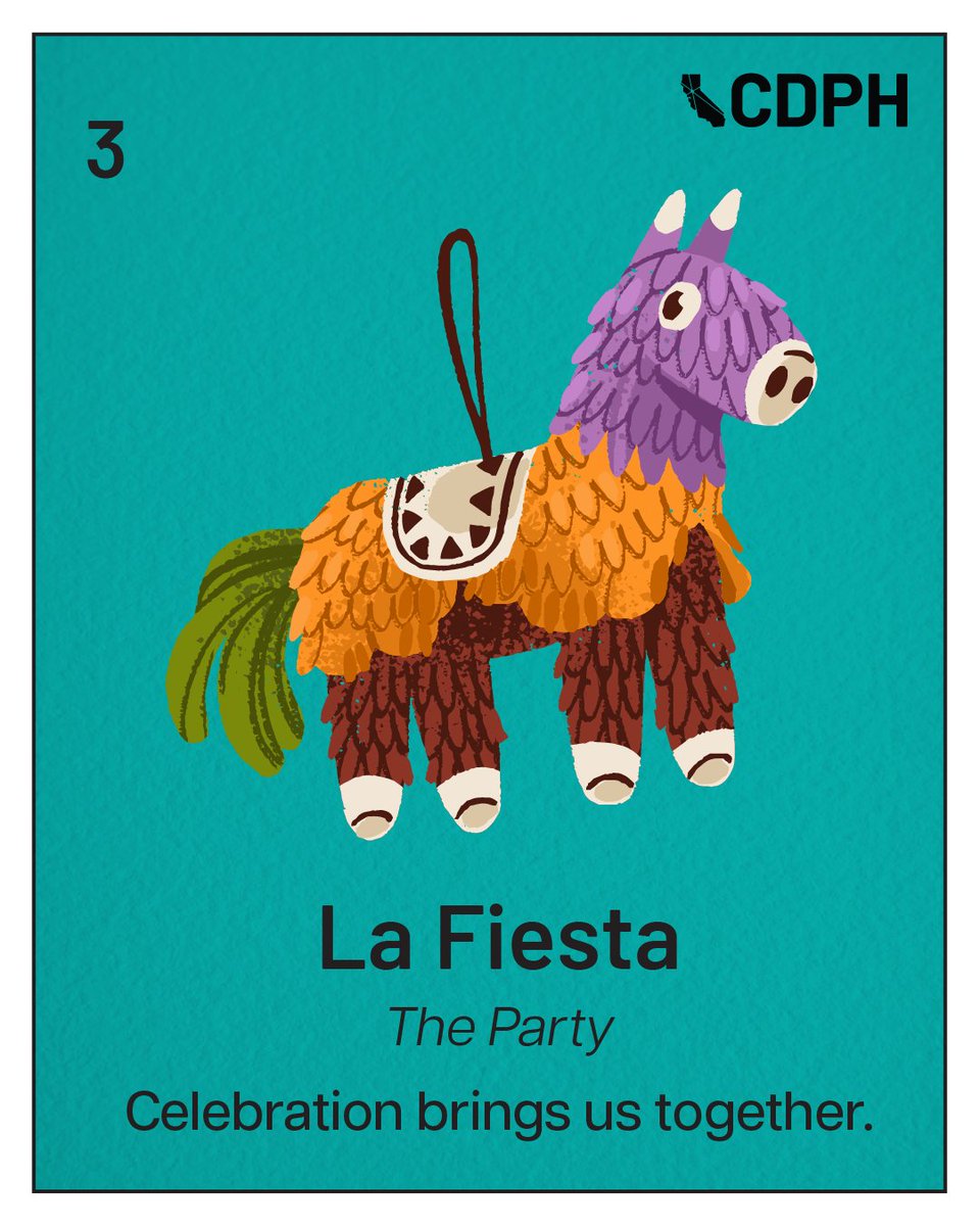 A card with a colorful piñata against a teal background. The text reads: “La Fiesta. Celebration brings us together.”