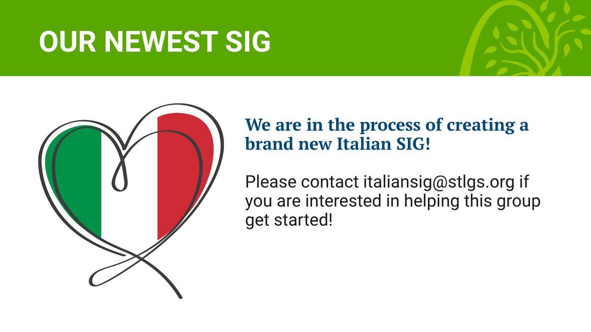 StLGS's tweet photo. If you wish to assist in planning for this new StLGS Italian SIG group, our first brainstorming Zoom meeting will be Sunday, Sept. 20th at 4:00 pm. To attend, please email Kathy Mazzeo at italiansig@stlgs.org for the Zoom link. Ciao! https://t.co/bor4c5knll