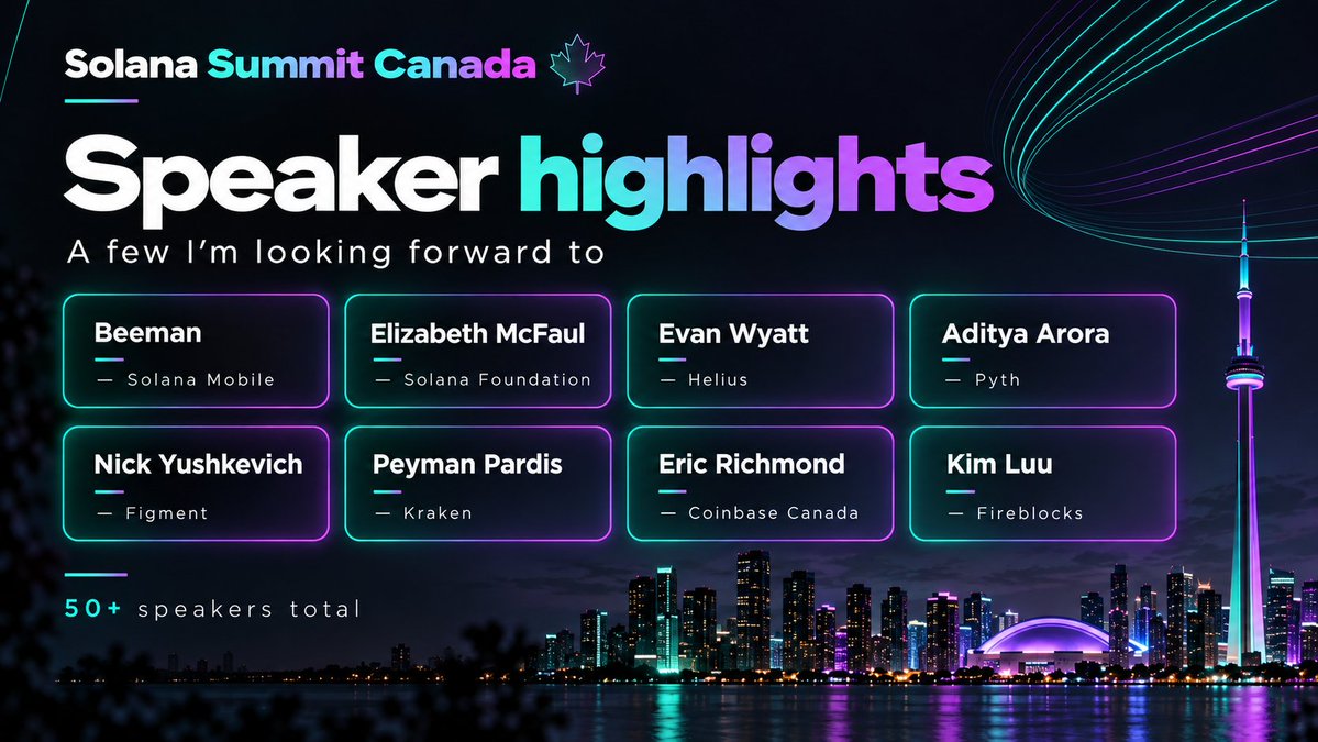eragoth_crypto's tweet photo. Been going through the Solana Summit Canada speaker list and there are quite a few names I’m really looking forward to hearing from 👀

Beeman from Solana Mobile is an obvious one for me after spending so much time building around Seeker lately.

Also really interested in hearing from people like Elizabeth McFaul from Solana Foundation, Nick Yushkevich from Figment, Evan Wyatt from Helius, Aditya Arora from Pyth and Peyman Pardis from Kraken.

And that’s before getting into Coinbase, Robinhood Canada, Fireblocks, Purpose Investments and a lot of smaller teams I don’t know much about yet.

That last part is probably what I’m most excited about!

The best thing about these events is usually discovering projects and people you weren’t following before you arrived.

One week to go 🇨🇦