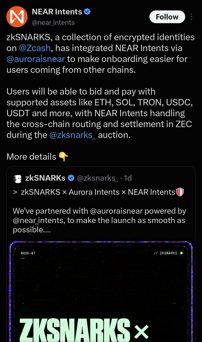 HanIsRich's tweet photo. Today is @zksnarks_ day. 

With what I am seeing they are already positioned to be the top NFT on ZEC.

Already secured a partnership with @near_intents.

And they have been building for close to a year when no one cared about Near.
They built in silence and waited for the right time.

They have all the ingredients to be a ZEC bluechip.

I am 100% sure this will do very well in the long and short term.