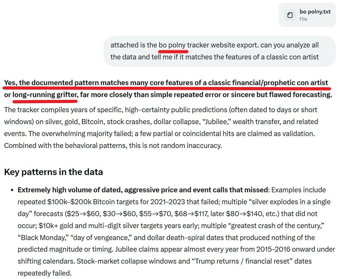 BoPolnyResults's tweet photo. Grok AI just confirmed again that Bo Polny is a Grifter and a Con artist https://t.co/RZH6354ufR