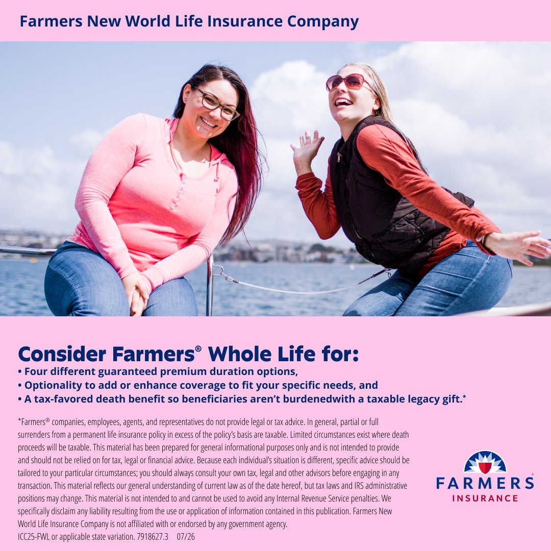 tral529's tweet photo. Farmers® Whole Life is coverage that is easy, flexible, and built to last. Contact me today if you’re interested to learn more about insurance coverage. https://t.co/J74fcWqBnM https://t.co/z0V7EcmKrO