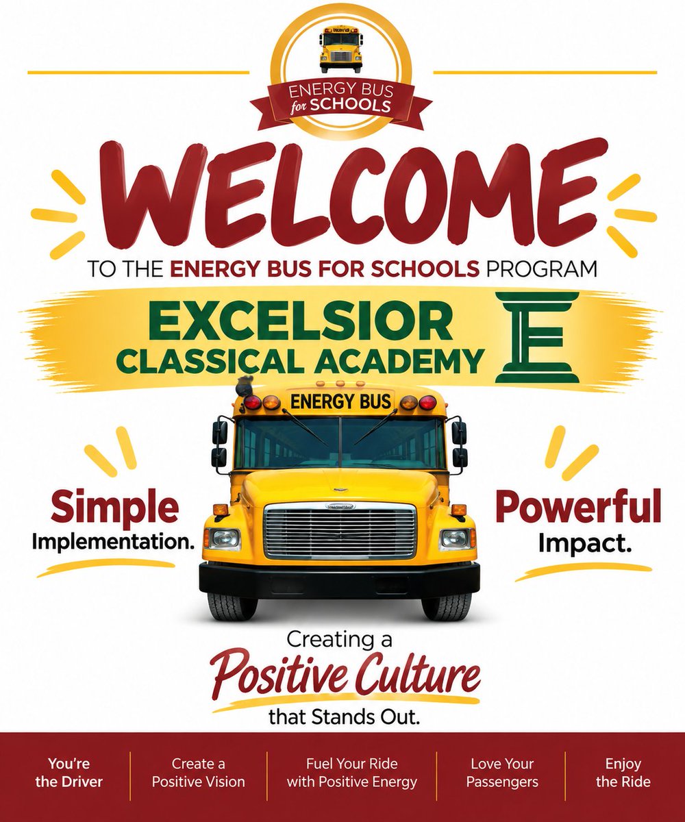 JimVanAllan's tweet photo. Big things are rolling at Excelsior Classical Academy!

We’re excited to welcome Excelsior Classical Academy to the Energy Bus for Schools family. A positive culture is built one choice, one connection, and one day at a time, and we can’t wait to see how your school makes the Energy Bus principles your own.

Here’s to a journey filled with purpose, positivity, and powerful impact!