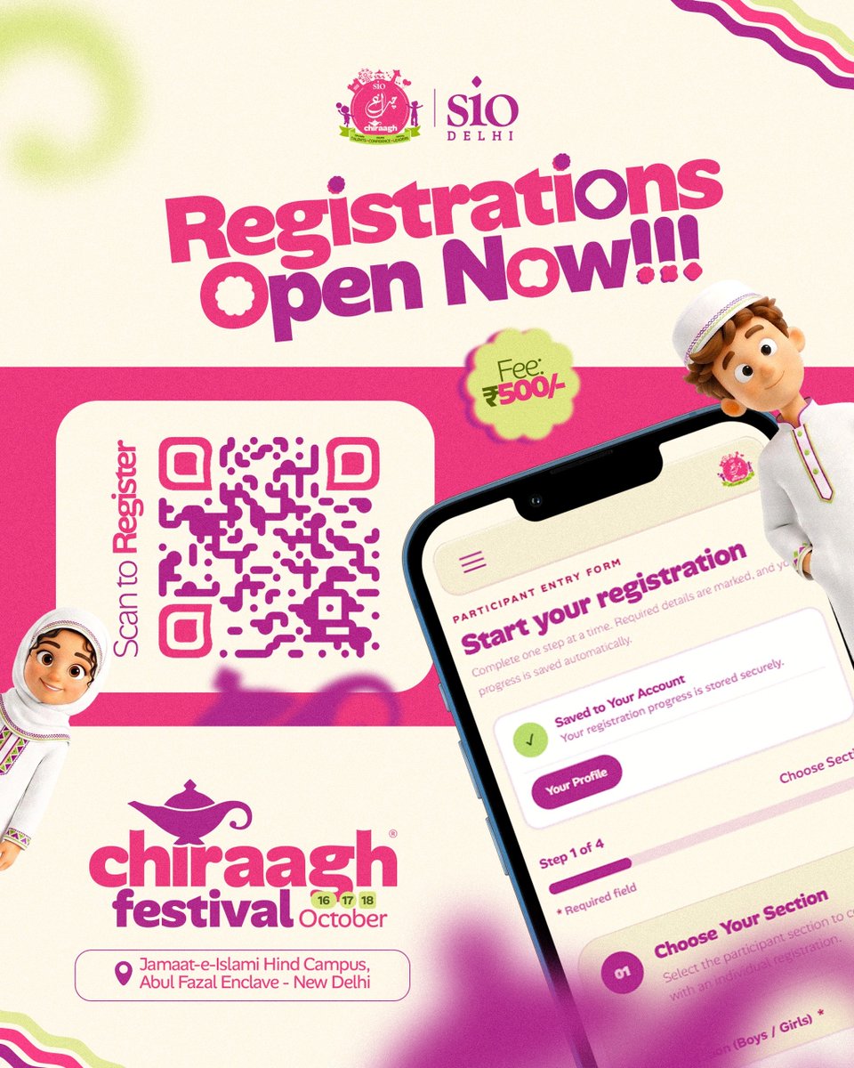 siodelhi's tweet photo. 🚨 REGISTRATIONS ARE NOW OPEN! 🚨

✨ Chiraagh Festival 2026 ✨
📅 16, 17 &amp; 18 October
📍 Jamaat-e-Islami Hind Campus, Abul Fazal Enclave, New Delhi

Scan the QR code and register now!
🔗 https://t.co/CsJwjaPLi6

#Chiraagh #SIODelhi #ExploreTalents #BuildConfidence #CreateLeaders https://t.co/0kcq61OFzH