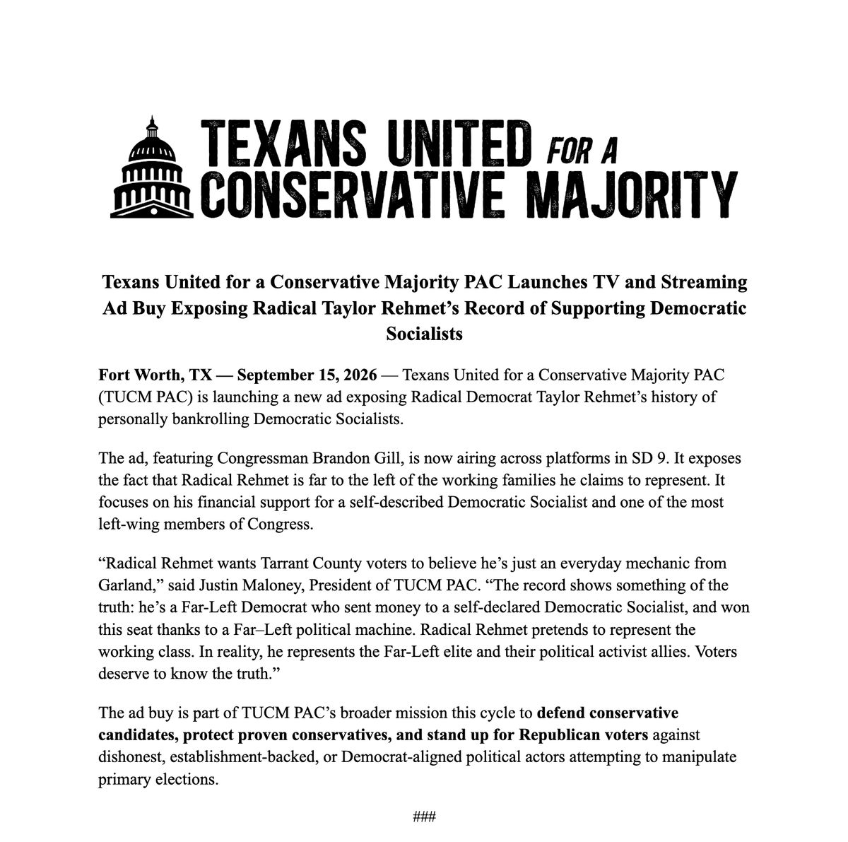 TUCM_PAC's tweet photo. FOR IMMEDIATE RELEASE--

TUCM launches TV and Streaming Ad Buy Exposing Radical Taylor Rehmet's Record of Supporting Democratic Socialists https://t.co/dWI7tiIGTM